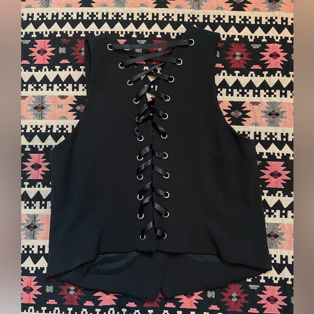 INC Black Lace-Up Vest with Button Detail Size M